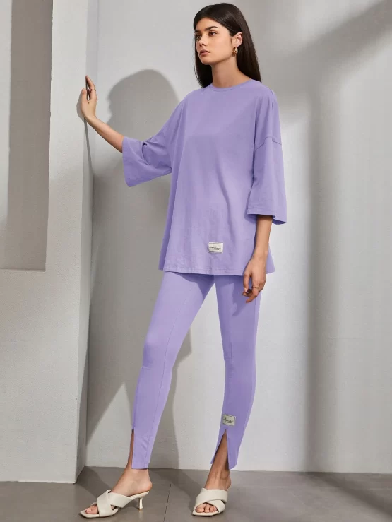Letter Patch Detail Drop Shoulder Tee & Slit Hem Pants - Image 3
