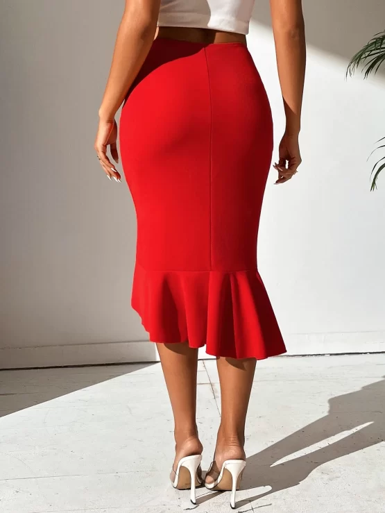 Ruffle Pencil High Waist Solid Hem Skirt - Image 2