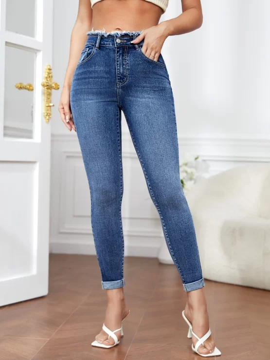 Raw Hem Zipper Cut High Waist Skinny Jeans - Image 3