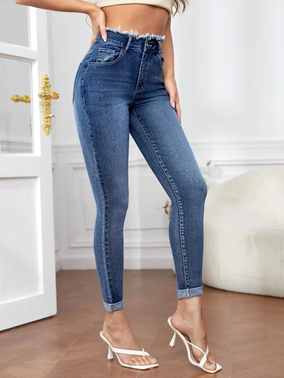 Raw Hem Zipper Cut High Waist Skinny Jeans - Image 2