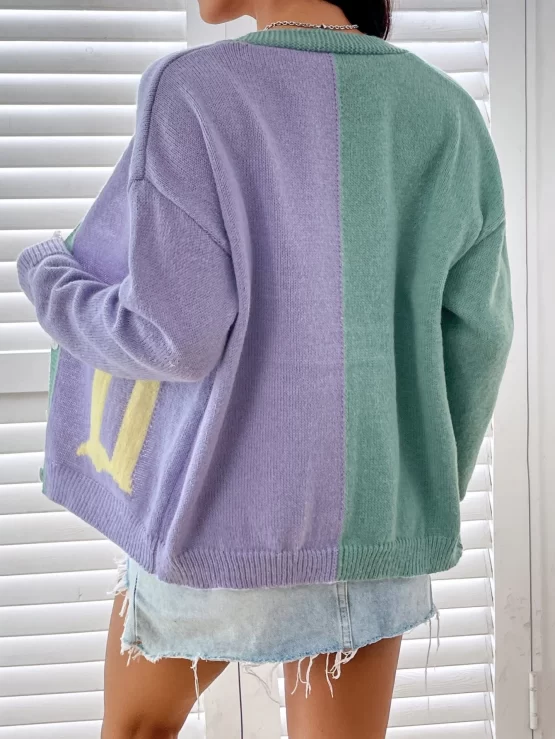 Color Block Letter Pattern Button Front Drop Shoulder Cardigan - Image 2