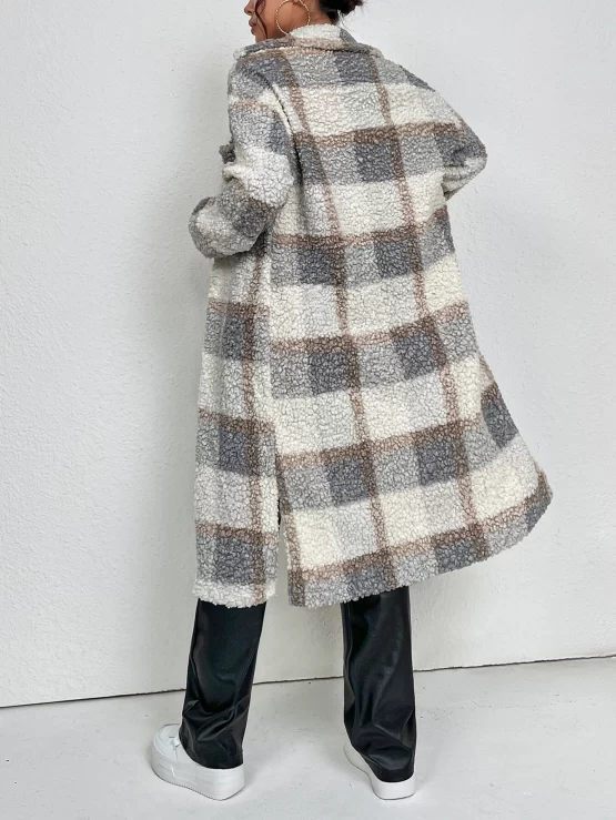 Plaid Pattern Split Hem Drop Shoulder Coat - Image 2