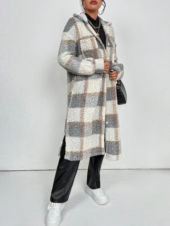 Plaid Pattern Split Hem Drop Shoulder Coat - Image 3