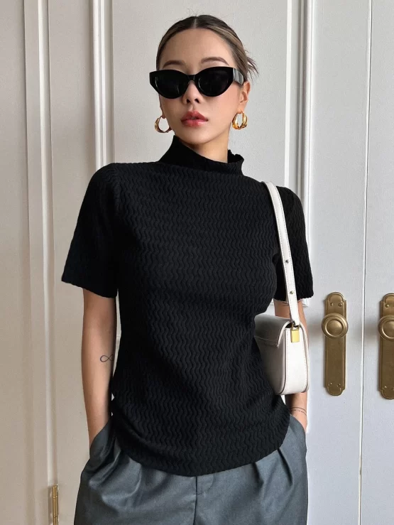 DAZY Casual High Neck Textured Rib Knit Top - Image 3