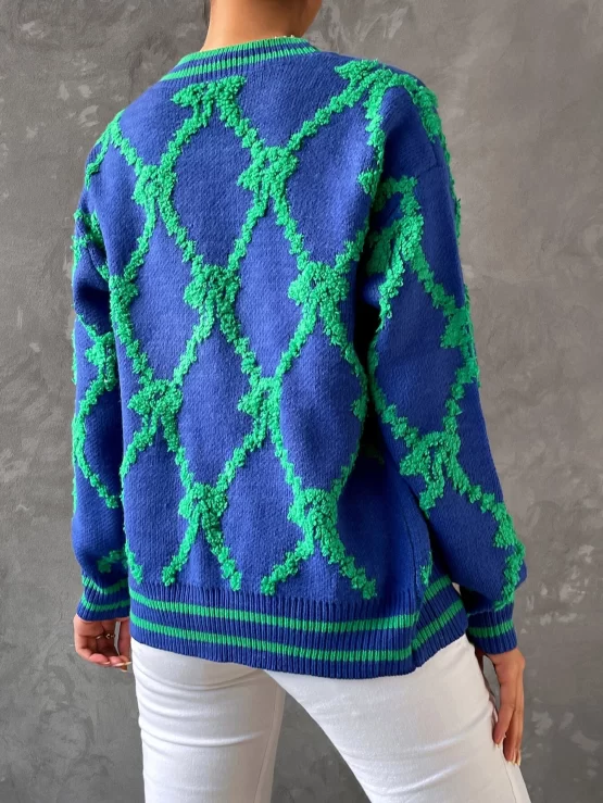Argyle Geometric Pattern Drop Shoulder Cardigan - Image 2