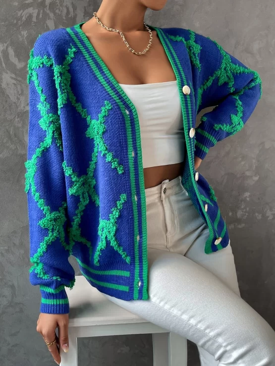 Argyle Geometric Pattern Drop Shoulder Cardigan - Image 3
