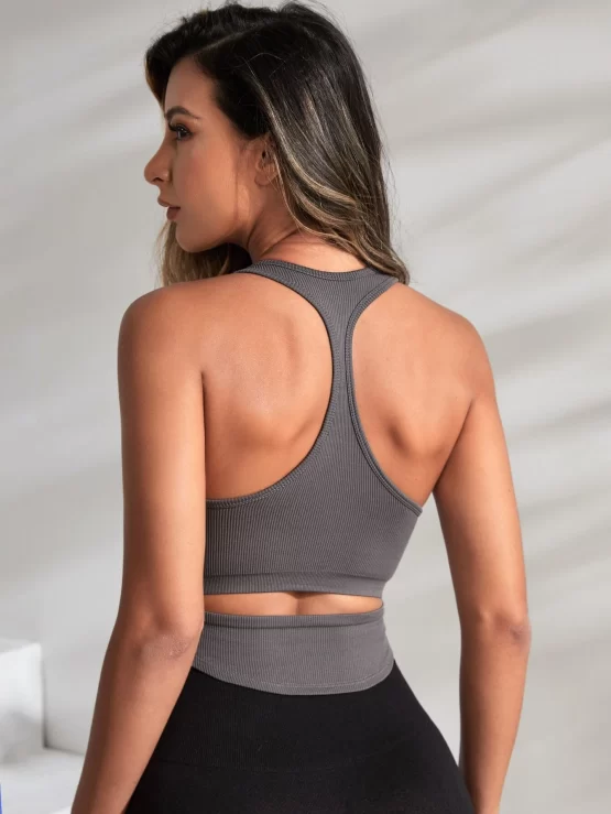 Ribbed Knit Curved Hem Racer Back Sports Bra - Image 2