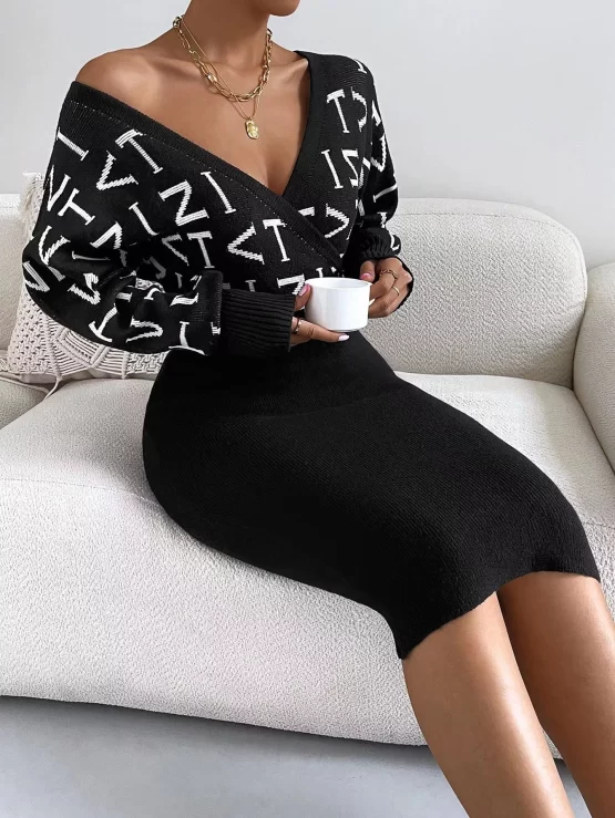 Letter Pattern Surplice Neck Lantern Sleeve Sweater Dress - Image 2
