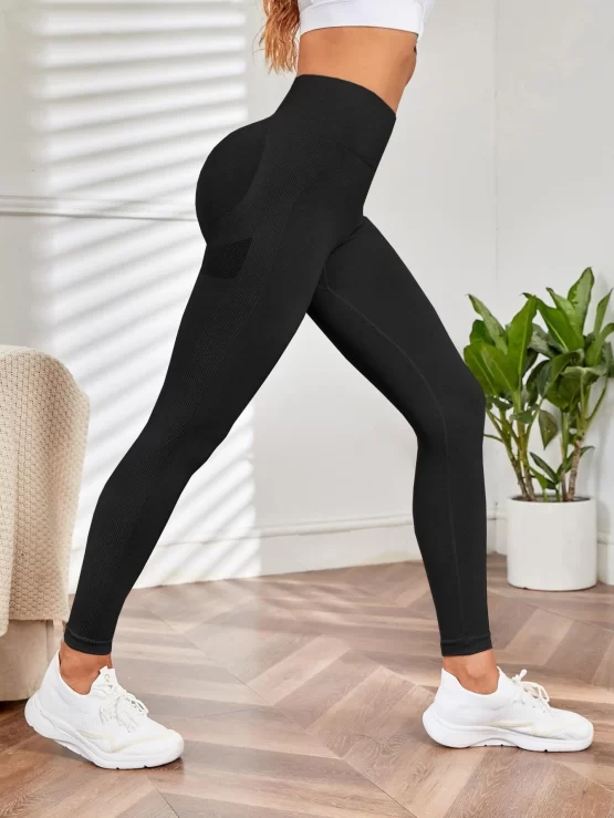 Wide Plain Long Waistband Sports Leggings - Image 4