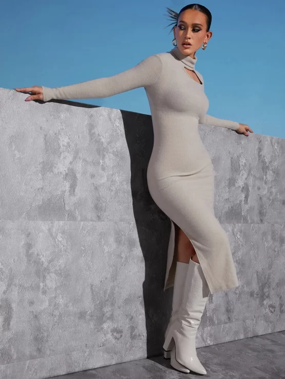 Cut Out Split Turtleneck Bodycon Dress - Image 2