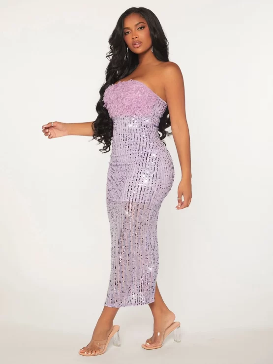 Fuzzy Faux Fur Split Back Sequin Tube Dress - Image 3