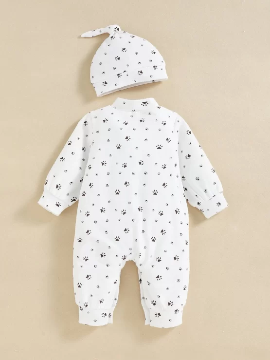 Newborn Baby All Over Paw Print Jumpsuit & Hat - Image 3
