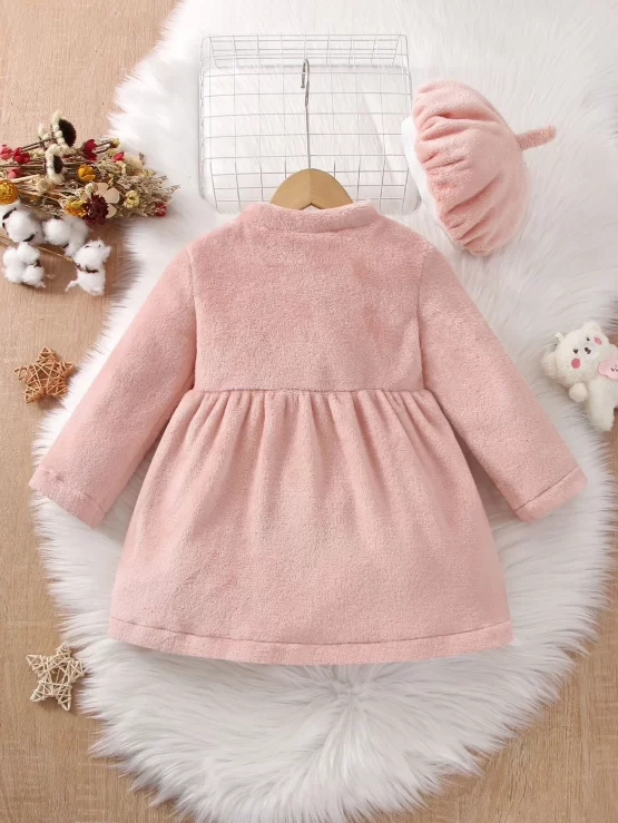 Toddler Girls Ruffle Trim Front Flannel Button Coat & Hat - Image 3