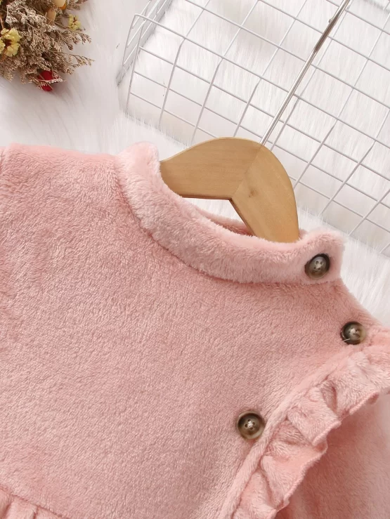 Toddler Girls Ruffle Trim Front Flannel Button Coat & Hat - Image 2