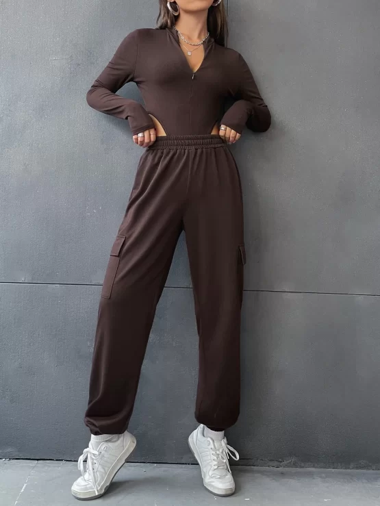 Zip Up Tee Bodysuit & Flap Pocket Side Sweatpants - Image 3