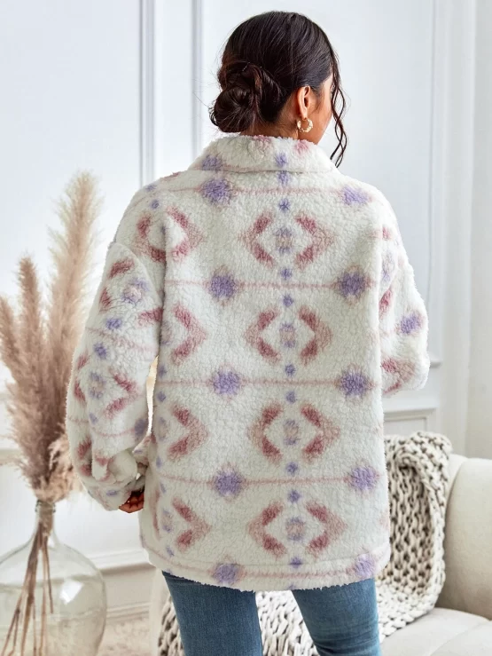Geometric Print Drop Shoulder Teddy Coat - Image 3