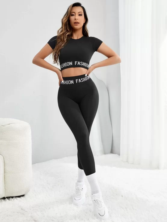 Letter Sleeve Graphic Sports Tee & Leggings - Image 5