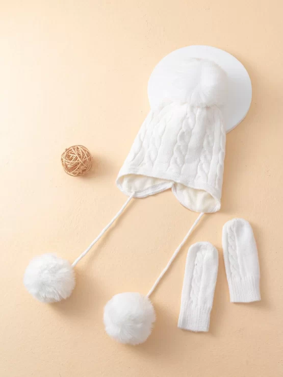 Two Pieces Plush Ball Decor Baby Beanie & Gloves - Image 3