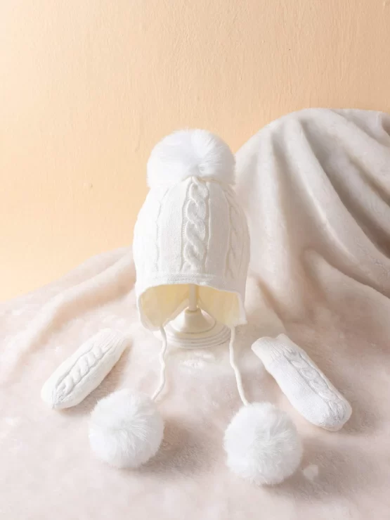 Two Pieces Plush Ball Decor Baby Beanie & Gloves - Image 2
