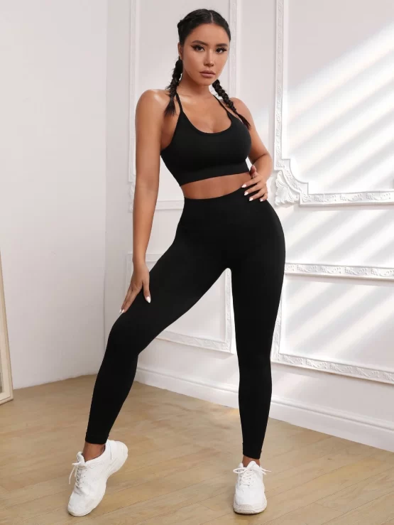 Criss Cross Plain Backless Cami Sports Set - Image 9