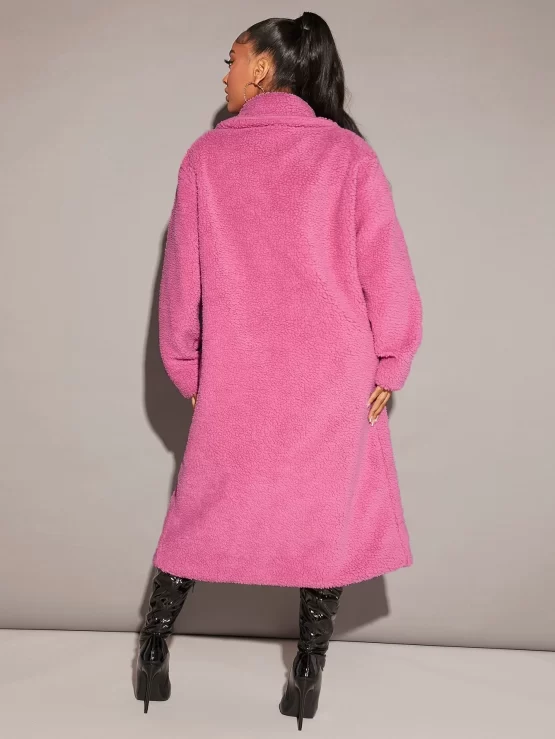 Lapel Neck Pocket Double Button Teddy Coat - Image 3