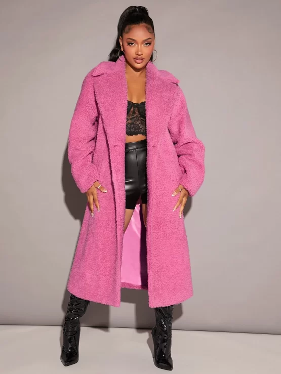 Lapel Neck Pocket Double Button Teddy Coat - Image 2
