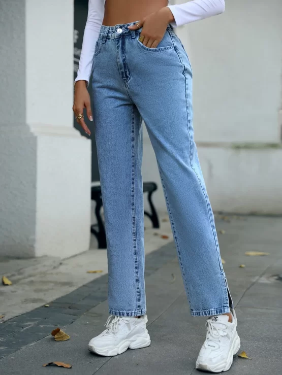 High Waist Zipper Fly Split Straight Leg Jeans - Image 2