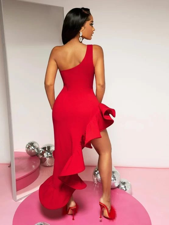 One Shoulder Exaggerated Ruffle Asymmetrical Hem Dress - Image 2