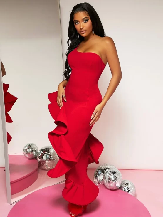 One Shoulder Exaggerated Ruffle Asymmetrical Hem Dress - Image 3