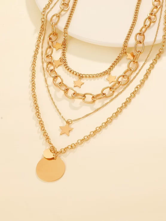 Star Round Pendant Layered Chain Necklace - Image 2