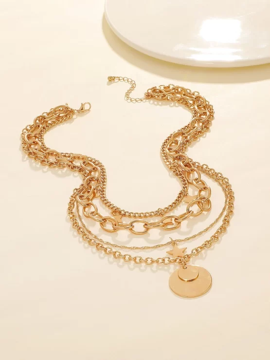 Star Round Pendant Layered Chain Necklace - Image 3