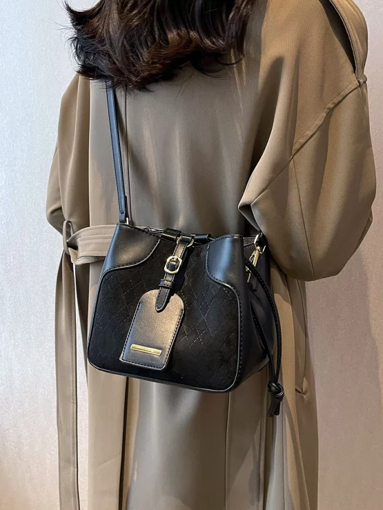 Mini Argyle Quilted Embossed Drawstring Bucket Bag - Image 3