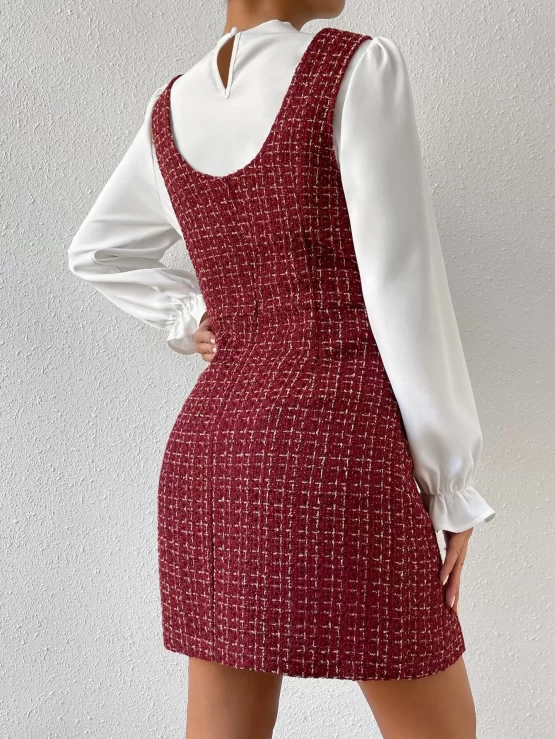Flounce Sleeve Blouse & Plaid Split Hem Overall Dress - Image 3