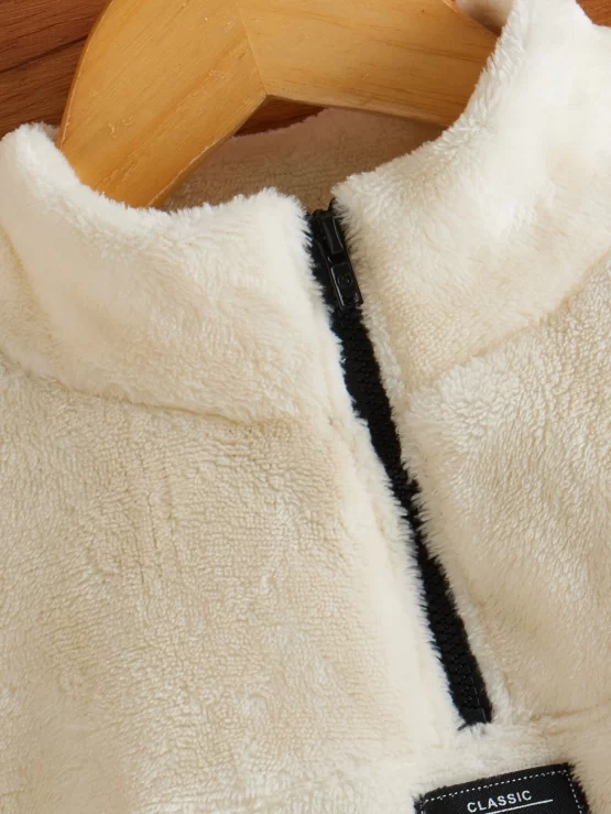 Toddler Boys Letter Patched Half Zip Teddy Pattern Sweater - Image 2