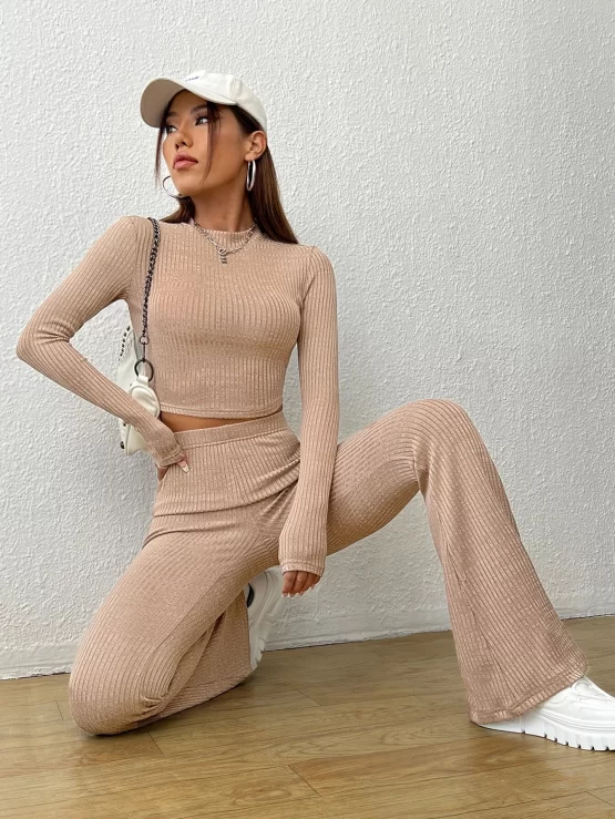 EZwear Ribbed Knit Crop Top & Flare Leg Pants - Image 4