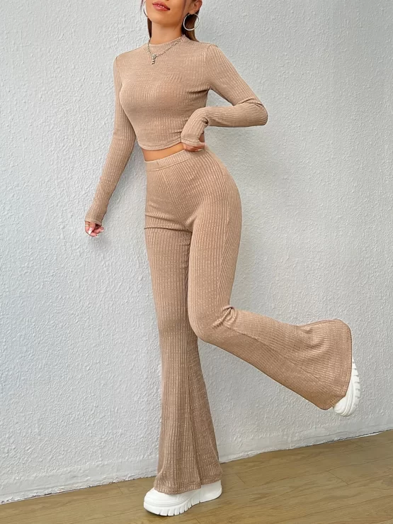 EZwear Ribbed Knit Crop Top & Flare Leg Pants - Image 5