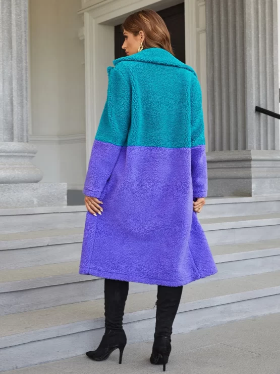 Two Tone Double Button Breasted Teddy Coat - Image 2