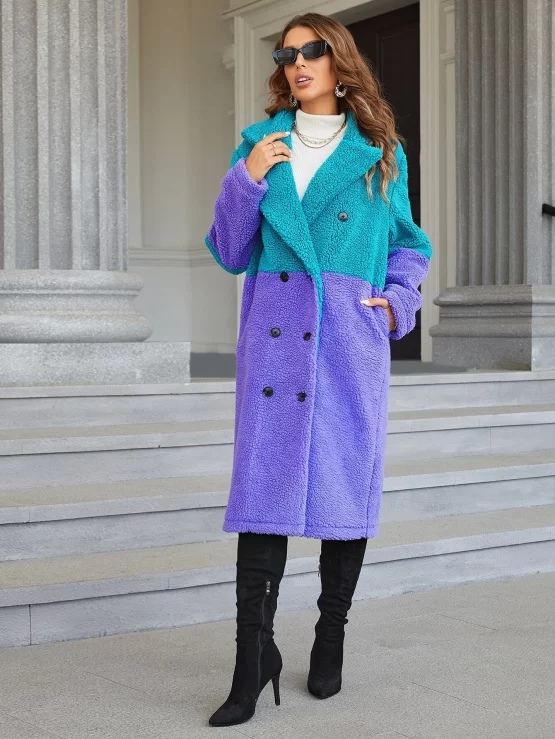 Two Tone Double Button Breasted Teddy Coat - Image 3