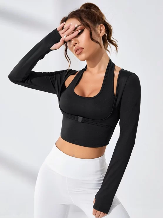 Cut Out 2 In 1 Plain Slim Fit Crop Sports Tee - Image 3