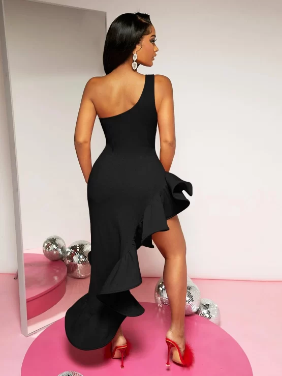 One Shoulder Exaggerated Ruffle Asymmetrical Hem Dress - Image 5