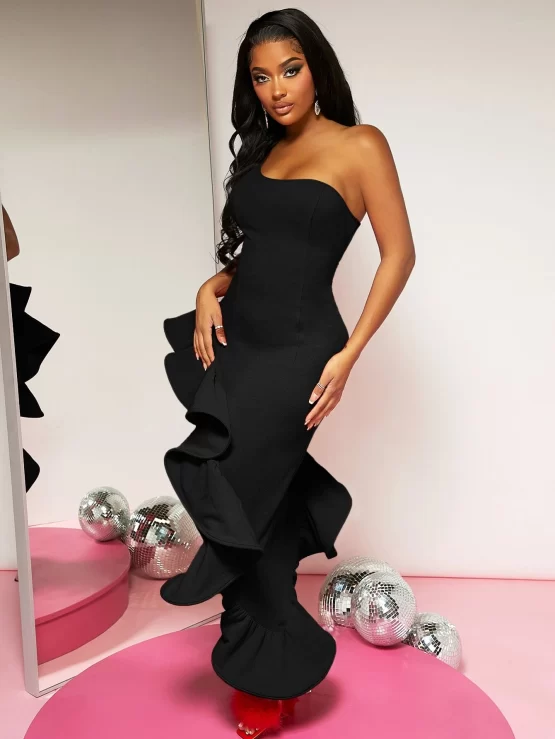 One Shoulder Exaggerated Ruffle Asymmetrical Hem Dress - Image 4