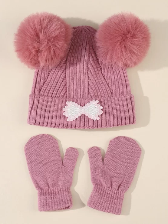 Toddler Girls Pom Pom Decor Beanie & Gloves - Image 2