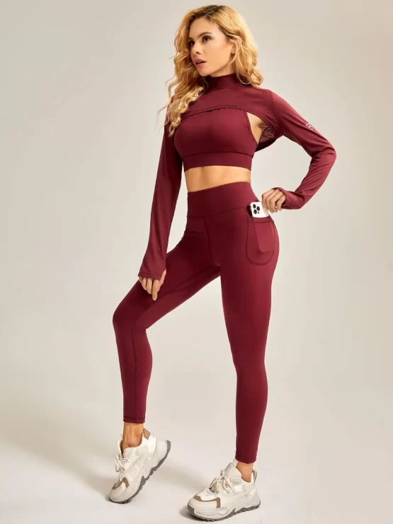 Three Pieces Collar Letter Graphic Sports Set - Image 2
