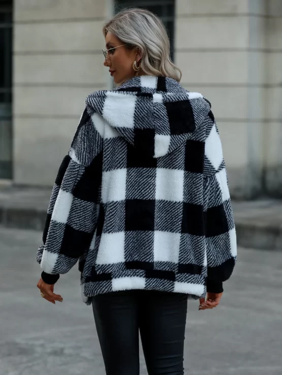 Buffalo Plaid Print Lantern Sleeve Flannel Hooded Jacket - Image 4