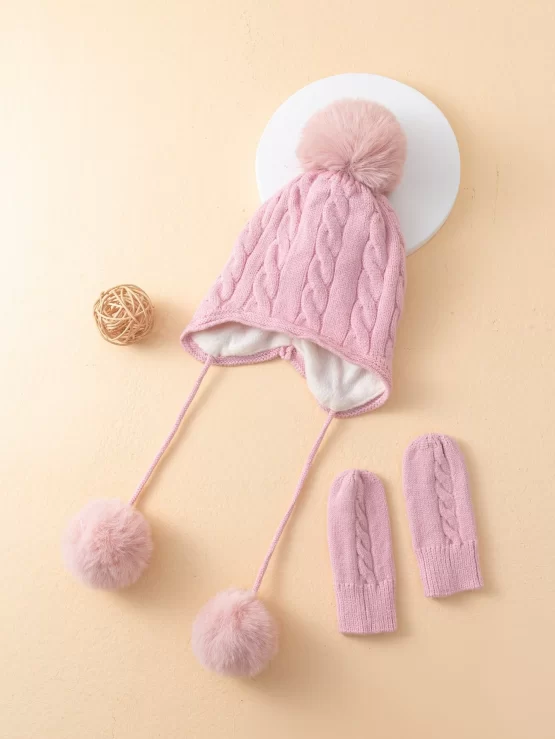 Two Pieces Plush Ball Decor Baby Beanie & Gloves - Image 4