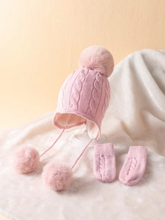Two Pieces Plush Ball Decor Baby Beanie & Gloves - Image 5