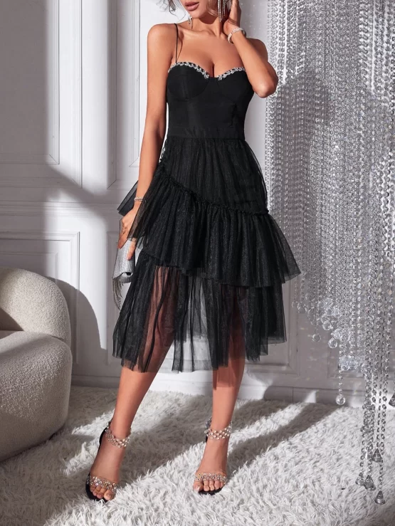 Rhinestone Contrast Mesh Panel Cami Dress - Image 2