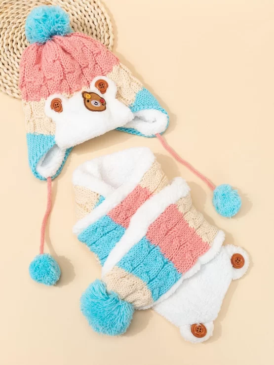 Toddler Kids Pompom Decor Fleece Lined Beanie & Infinity Scarf - Image 2