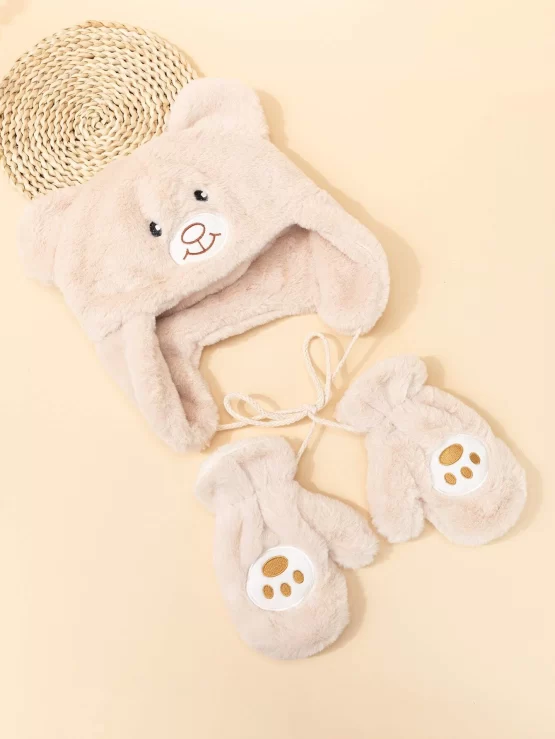 Toddler Kids Cartoon Bear Embroidered Fuzzy Beanie & Gloves - Image 2