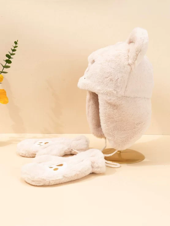 Toddler Kids Cartoon Bear Embroidered Fuzzy Beanie & Gloves - Image 3